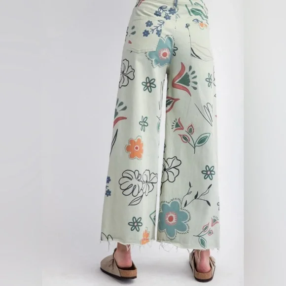 Easel Bold, Floral Rock Wide Leg Jeans - Cream, Green, Orange NWT Size Large - Picture 7 of 10